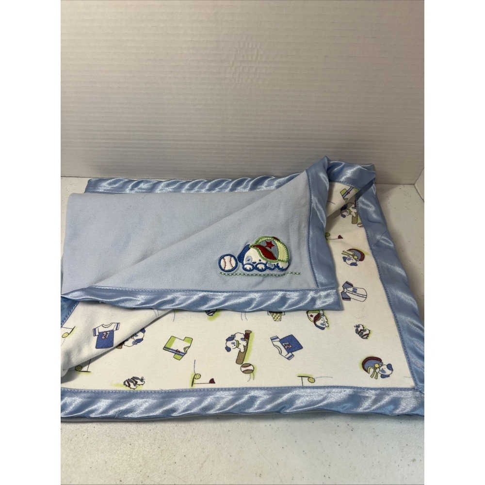 Baby Connection Puppy Dog Football Baseball Golf Satin Trim Blue Blanket HTF